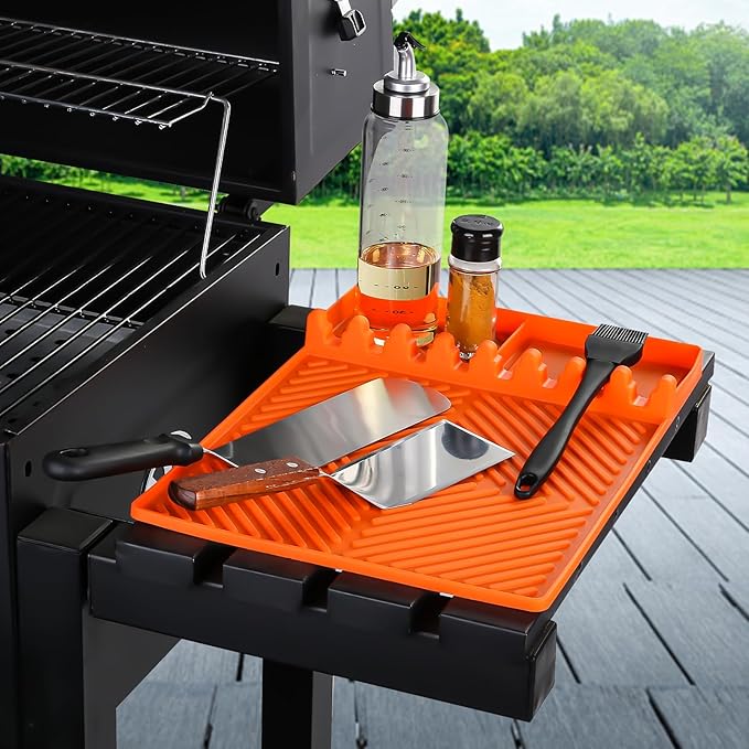 Silicone Griddle Tools Mat for Blackstone Weber Traeger Pit Boss - Side Shelf Spatula Mat with Drip Pad - Flat Top Grill Smoker Accessories for BBQ, Kitchen, Cooking, Countertop(Orange)