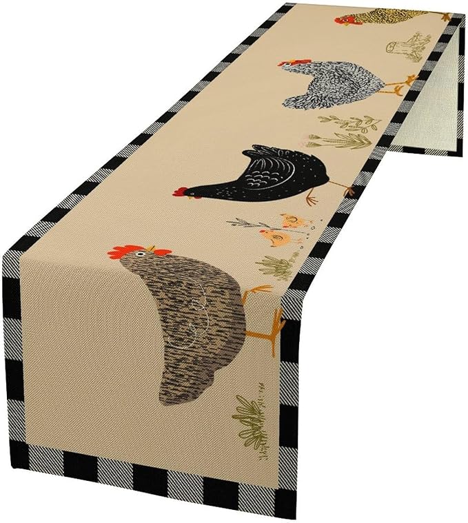 Farmhouse Roosters Chickens Table Runners, Black White Buffalo Plaid Vintage Rustic Animal Table Runner for Wedding Coffee Dining Table Party Home 13x70in