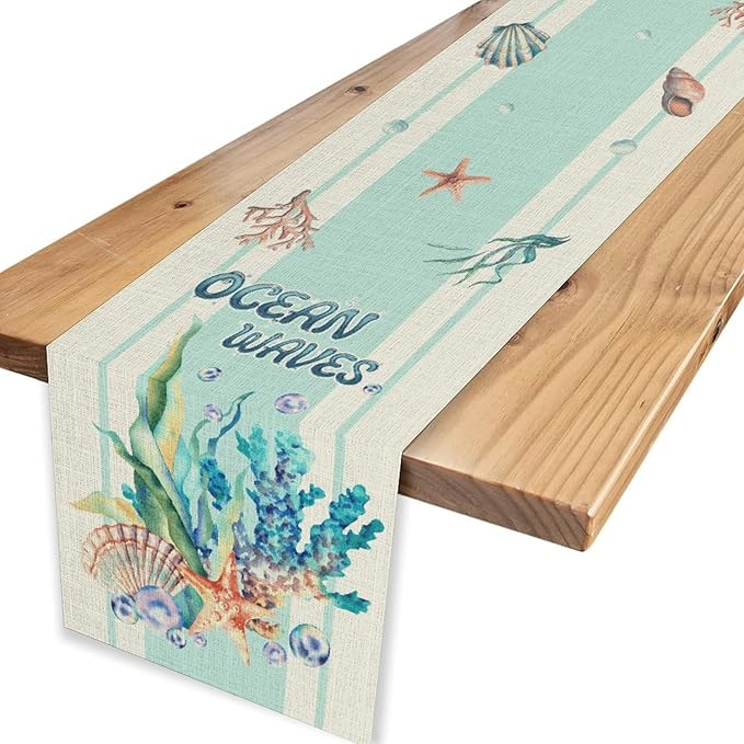 Nautical Coastal Table Runners, Blue Starfish Seashell Coral Summer Watercolor Undersea Ocean Waves Beach Table Center Decor for Holiday Party Kitchen Outdoor Farmhouse Table Decorations, 13" X 72"
