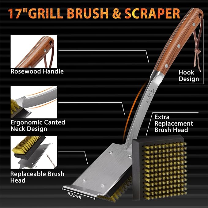 ENLOY Grill Brush and Scraper for Barbecue, 17" Grill Brush for Outdoor Grill, Extended Rosewood Handle and 2 Replaceable Copper Wire Brush Heads, Grill Cleaning Brush Grill Accessories for Most Grill