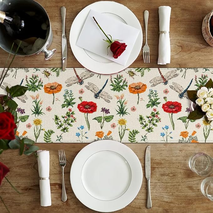 Flowers Dragonflies Table Runner Kitchen Dining Table Runner 13*90in Table Center Decor for Indoor Outdoor Home Holiday Party
