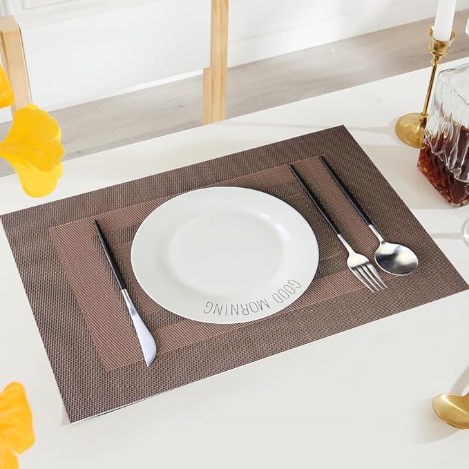 PIGCHCY Durable Plastic Placemats - Heat Resistant, Washable Woven Table Mats - Set of 4 (Coffee Brown)