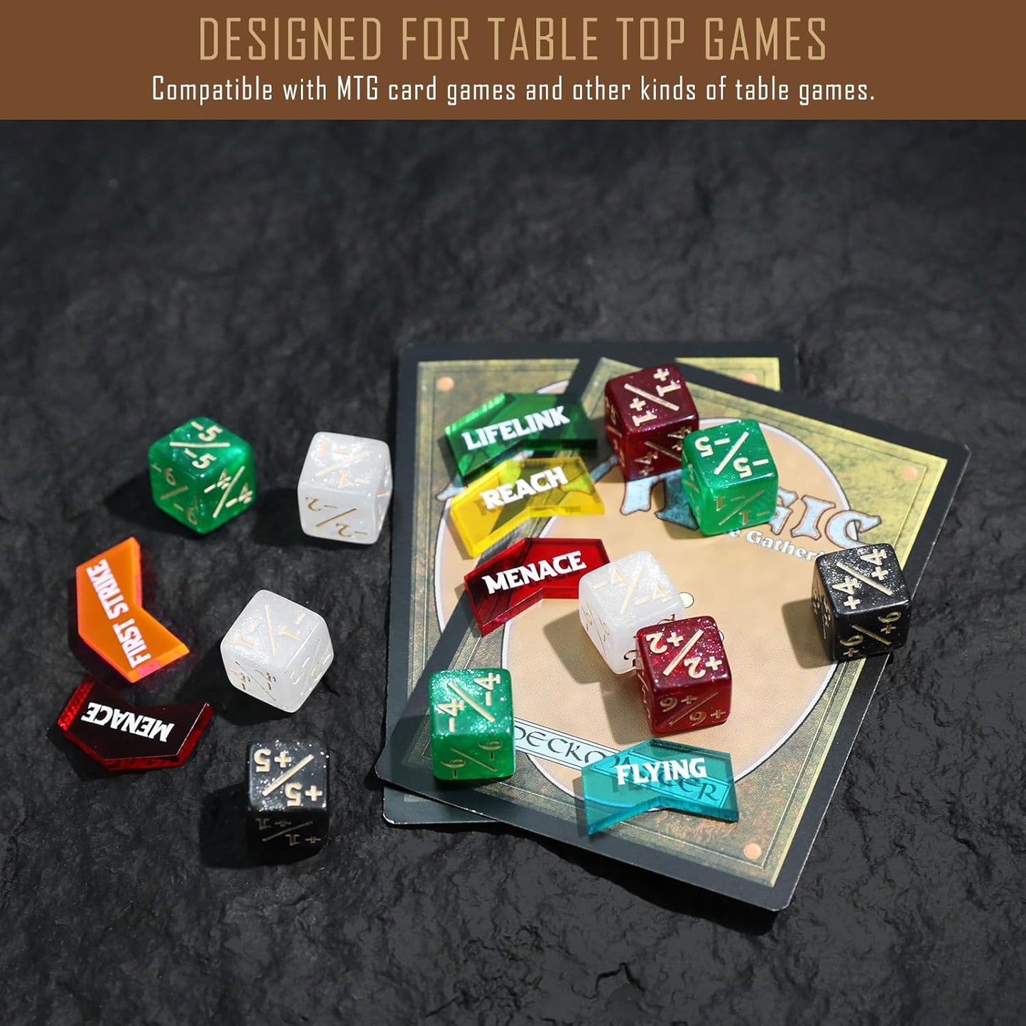 108PCS MTG Keyword Tokens & 12mm MTG Life Counter Dice Set for Magic Card, CCG Creature Stats Loyalty Dice with Box, Magic TCG Card Game Accessories