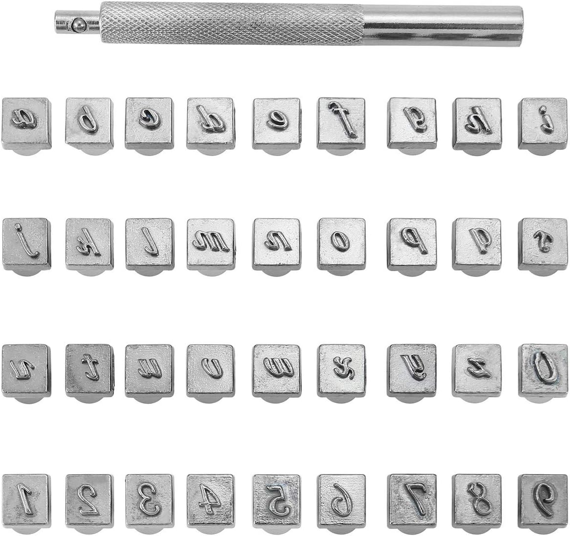 Yoption 37 Pieces Leathercarft Stamping Tool Set, 26 Letters Alphabet & 10 Numbers Stamps Steel Punch Tool 3mm+1 Stamping Handle for Leather Craft