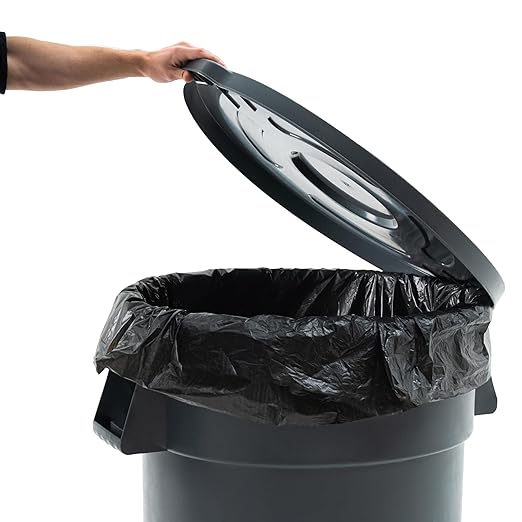 PRO&Family Commercial Round Trash Can with Lid and Dolly Rolling Waste Container, Ingredient Bin, Heavy-Duty Plastic, Anti-Static, Kitchen, Office, Outdoor Use (Gray, 55 Gallon)