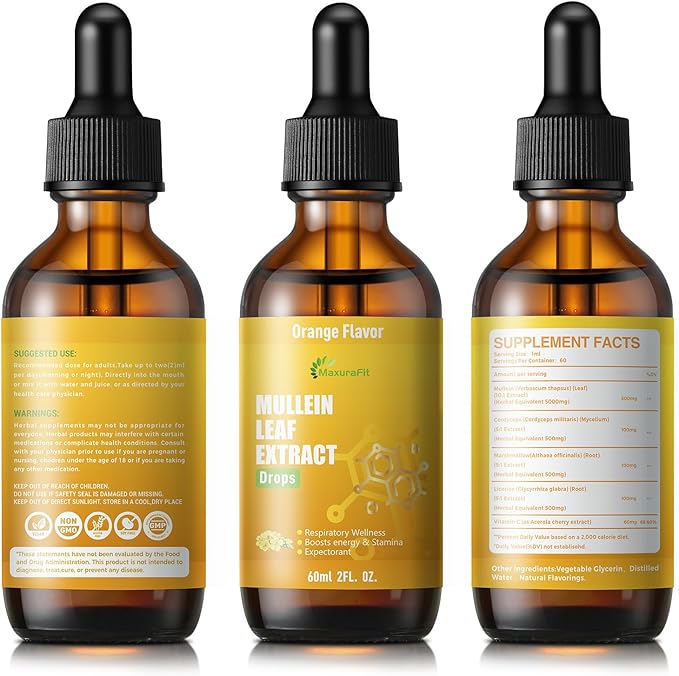 Mullein Drops for Lungs Liquid - Support Respiratory Herbal Supplement,Mullein Leaf Extract for Lungs Cleanse with Cordyceps, Marshmallow Root & Licorice Root Extract 2 fl oz