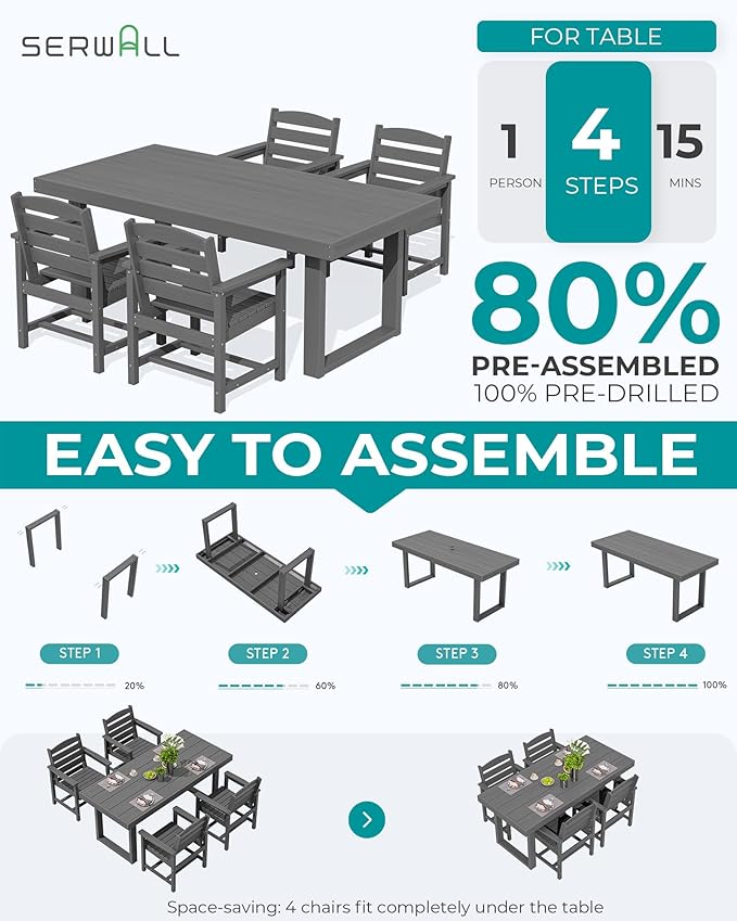 SERWALL HDPE Outdoor Dining Set for 4, 67'' All Weather Patio Dining Table and Chairs Set for Deck, Lawn, Gray