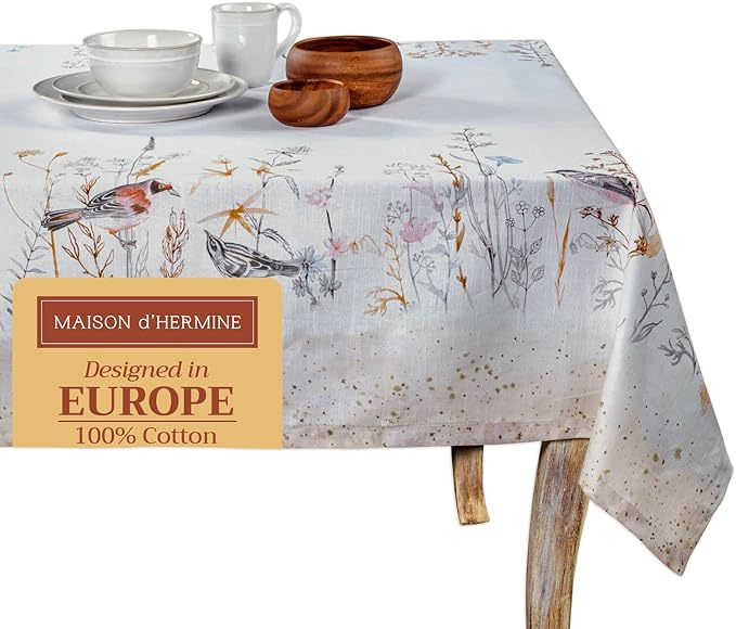 Maison d' Hermine Table Cloth Square Table 100% Cotton 60 x 60 Inches Tablecloth Reusable Decorative for Dining Room, Farmhouse, Home, Party, Festive & Wedding Spring Summer - Meadow Florals - Beige