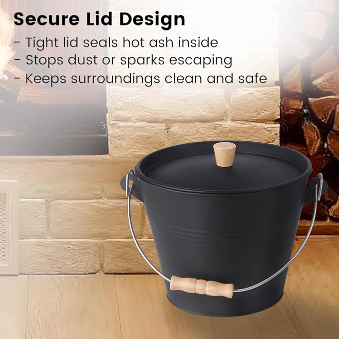 GameXcel Ash Bucket with Lid and Shovel Hand Broom - 1.5 Gallon Galvanized Iron Metal Fireplace Tools Ash Pail for Fire Places Fire Pits Wood Burning Stoves Hearth Accessories Indoor Outdoor, Black