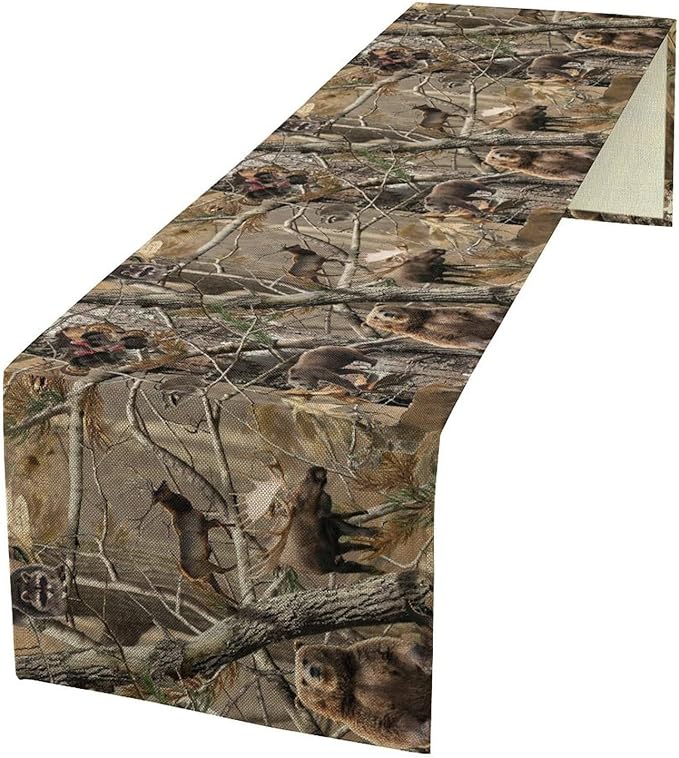 Forest Camouflage Table Runner, Camo Rustic Wildlife Animal Hunting Deer Elk Bird Bear Table Runner for Party Kitchen Dining Banquet 13x60in