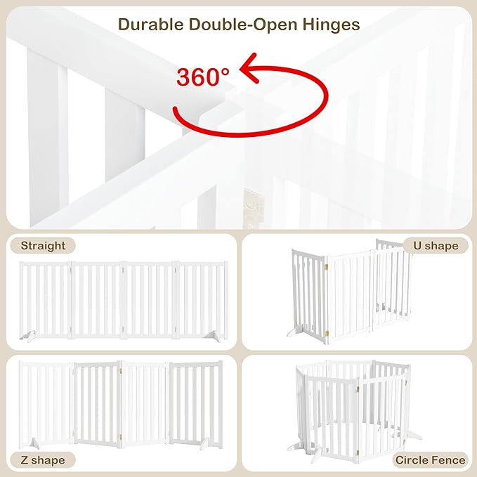 30" Height Tall Freestanding Pet Gate, Solid Wood Folding Safety Fence Wooden Dog Gate with 2 PCs Support Feet Ideal for Stairs, Doorways, Halls, Kitchens, Heavy Duty Gates, 4 Panels, White