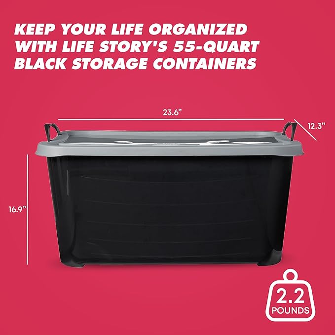 Life Story 6 Pack Heavy Duty Stackable Storage Bin, 55 Quart Home Organizer, Versatile Lightweight Locking Bins with Carrying Handles, Black/Gray