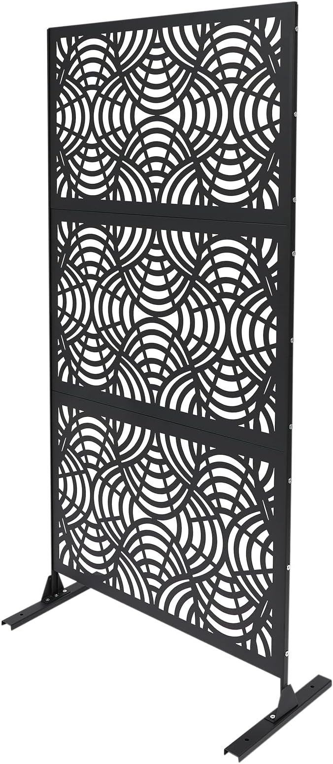 Metal Outdoor Privacy Screen with Stand,Freestanding Privacy Screen & Panels,Decorative Outdoor Divider with Stand Panels for Deck Patio Balcony (35.43 * 74.8in Black)