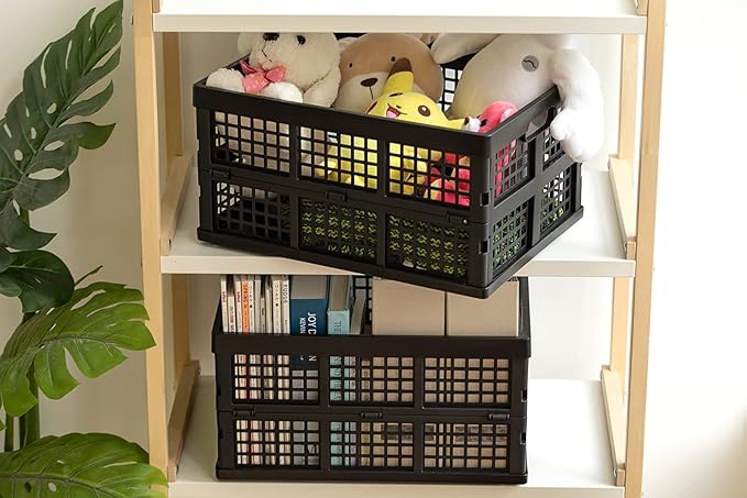 34L Large Plastic Folding Storage Crates,Collapsible Crates for Storage,Pack of 3 (Black)