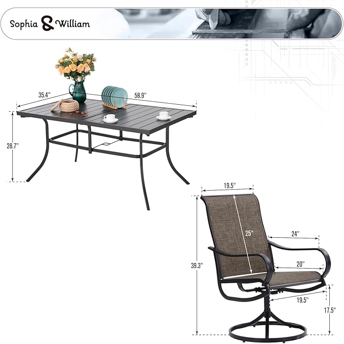Sophia & William Patio Dining Set 7 Pieces Outdoor Patio Set for 6, Swivel Chairs Textilene and Metal Dining Table Patio Furniture All Weather for Lawn Garden Backyard Pool