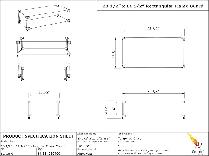 Celestial 23.5" x 11.5" x 6" Wind Guard, fits Celestial 18”x6” Fire Pit Burner Pans