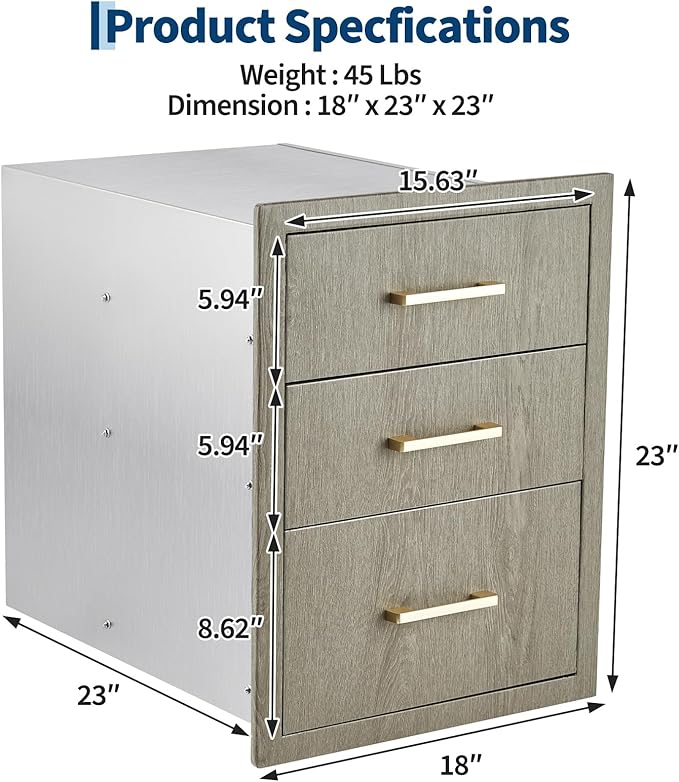 Stainless Steel Outdoor Kitchen Triple Drawers 18" W x 23" D x 23" H - Heavy Duty with Handles, Weather-Resistant Flush Mount for BBQ Island, Patio Grill & Outdoor Cooking Space