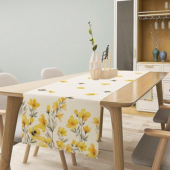 Yellow Wild Flowers Table Runner, Rustic Farmhouse Watercolor Daisy Floral Branches Bees Print Table Runner for Kitchen Dining Room Party Picnic Table Decor, 13x36inch