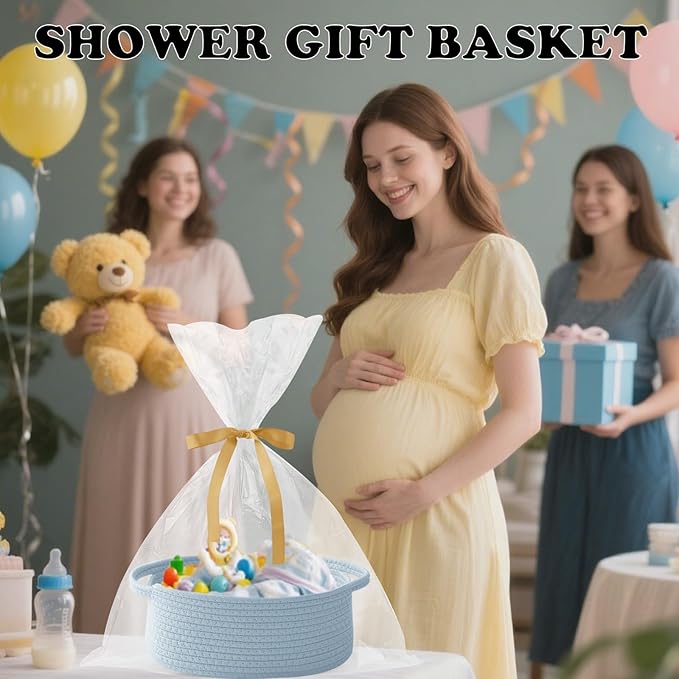 Gift Basket with Gift Bag and Ribbons,Small Rope Woven Shelf Storage,Baskets for Gifts Empty,Birthday,Baby Shower,Decorative Organizer Box with Handles(Blue)