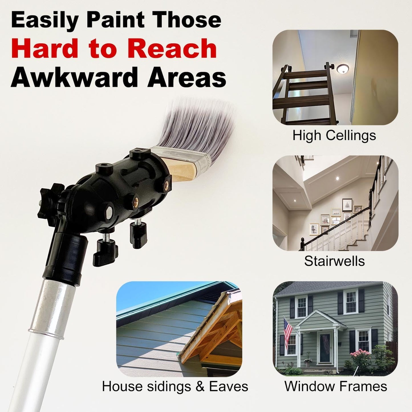 Multi Angle Paint Brush Extender V2, Long Handle Paint Brush, Extension Pole Attachments for Paint Roller, Paint Edger Tool for High Ceilings, Corner Painting Tool for Paint Extension Pole (Black)