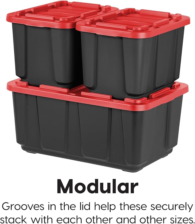 IRIS USA 4-Pack 27 Gallon Storage Bins with Lids |Made in USA| Heavy Duty Plastic Tote Containers for Truckbed Tool Box Organization, Large - Red