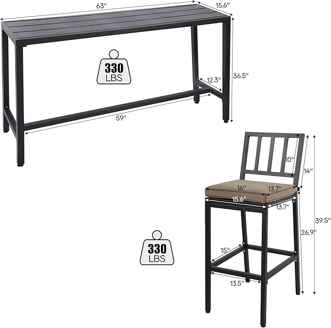 Outdoor Patio Bar Set, Bar Height Patio Dining Set, Weather-Resistant Bistro Counter Pub Set with Cushions & Slatted Tabletop for Backyard, Garden, Yard (63" Table, 6 "I Style Stool, Black)