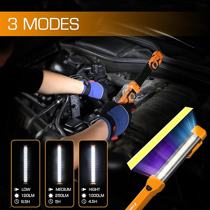 EverBrite 1000LM LED Work Light, Rechargeable Work Light for Mechanics with Dual Magnetic Bases&Hanging Hooks, 4 Lighting Modes, USB C Cable, Ideal Christmas Gift for Car Repair, Working, Pack of 2