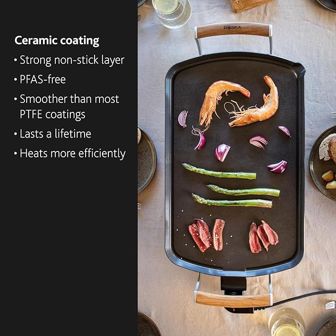 BOSKA Electric Griddle Pro – Tabletop griddle - Electric grill with PFAS-Free Ceramic Nonstick Surface – Adjustable Heat up to 420°F -Oak Wood Handles