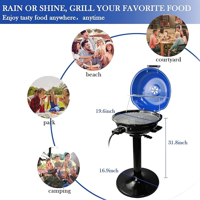 Techwood 1600W Indoor Outdoor Electric Grill, Electric BBQ Grill, Portable Removable Stand Grill, Blue