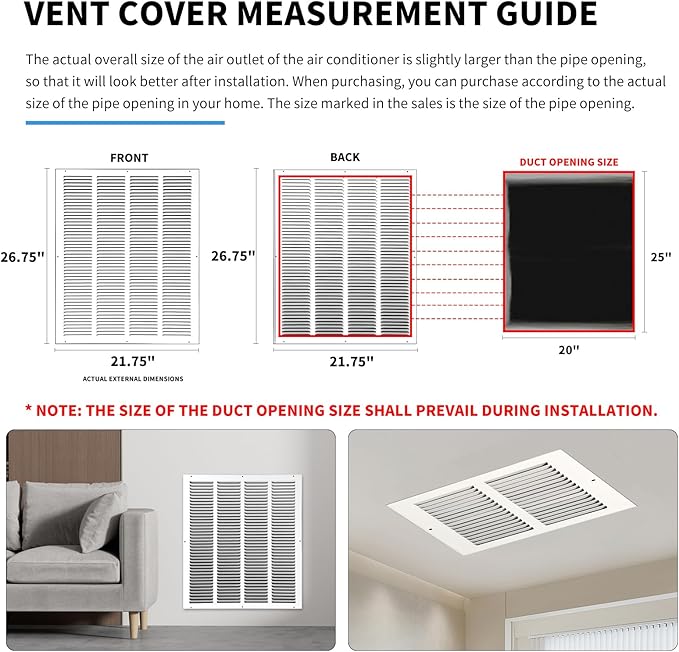 20x25 Air Return Grille(Duct Opening Size),Air Return Vent Cover,Flat Vent Cover,Rejillas De Aire Acondicionado para Casa,Return Air Grilles,Outer Dimensions:21.75"Wx26.75"H(20"Wx25"H, Duct Opening)
