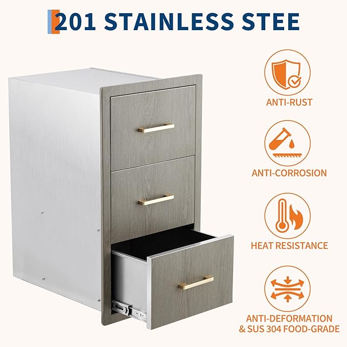 Stainless Steel Outdoor Kitchen Double Access Drawers 17"W x 30"H x 21"D - Heavy Duty Weather-Resistant Combo with Built-in Paper Towel Holder, Flush Mount for BBQ Island & Grill Station