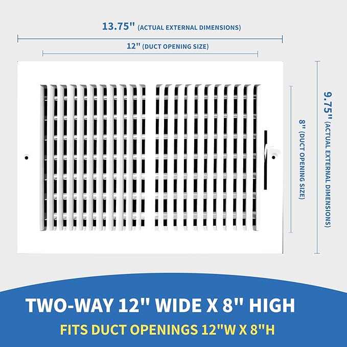 12x8 Vent Register [Duct Opening], Vent Covers for Home Ceiling, Two-Way Ventilation Register, Adjustable Solid Steel Wall Register Vent Cover (12"W x 8"H [Duct Opening])