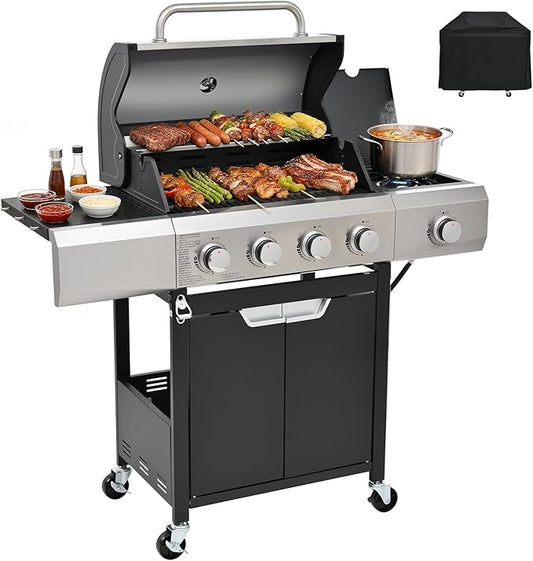 4-Burner Gas Grill with Side Burner & Cover, 51000 BTU Stainless Steel Outdoor BBQ Grill, 452 sq.in Cooking Area, Ideal for Backyard, Patio Large Gatherings