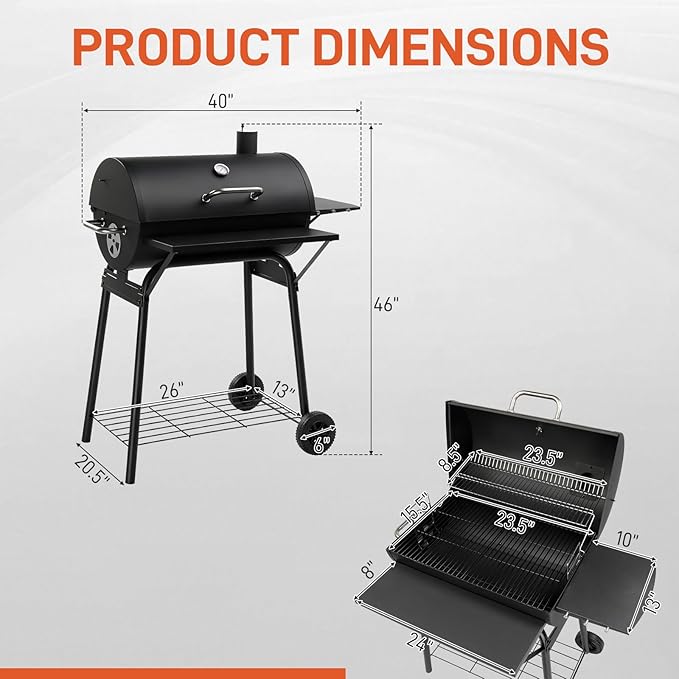 Outvita Barrel Charcoal Grill with Warming Rack, Outdoor BBQ Grill with Side Front Table with Nearly 564 Sq.In. Cooking Grid Area for Backyard Patio Picnic Parties Camping, Black