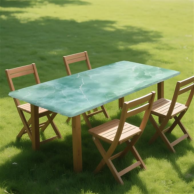 Rectangle Table Cloth Cover Waterproof Elastic Fitted Polyester Fitted Tablecloths for 4 Foot Tables for Indoor,Picnic, Camping, Outdoor （48" x 24"，Green Marble）