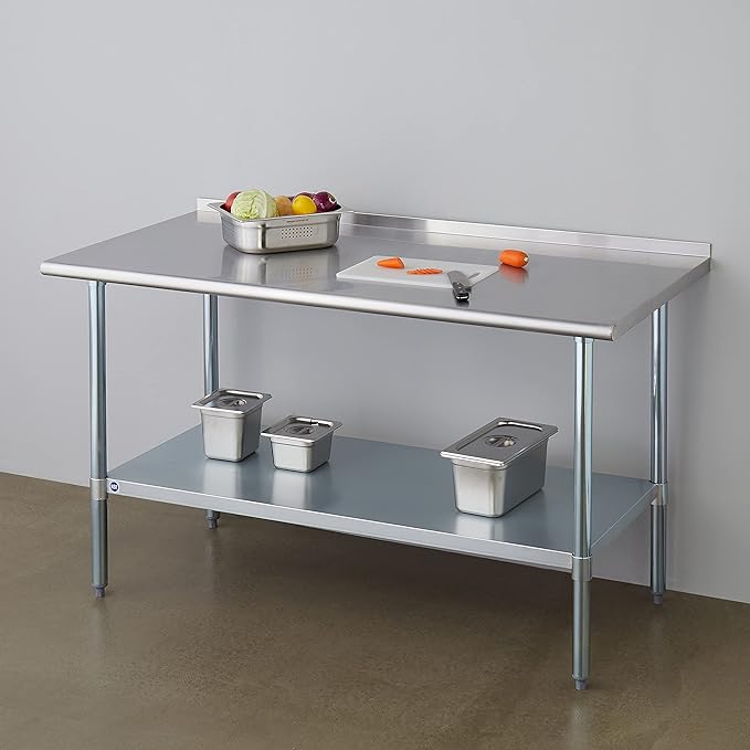 ROCKPOINT Stainless Steel Table for Prep & Work with Backsplash 30x60 Inches, NSF Metal Commercial Kitchen Heavy Duty Table with Adjustable Under Shelf and Table Foot for Restaurant, Home and Hotel