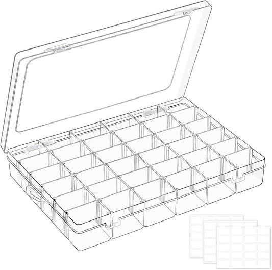 36 Grids Large Plastic Organizer Box with Adjustable Dividers, Clear Compartment Storage Container Tackle Box with Label Stickers for Beads, Crafts, Jewelries, Tools