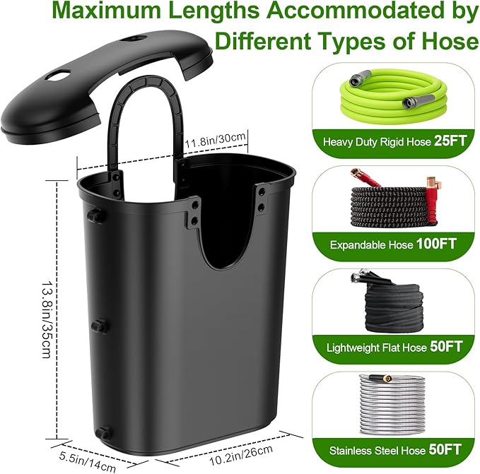 Riokko Garden Hose Holder Bucket, Hose Storage, Water Hose Storage for Outside, Hose Box Fits 25FT Heavy Duty/100FT Expandable/50FT Flat/50FT Stainless Steel Hoses, Hanging Handle & Drain Hole Design