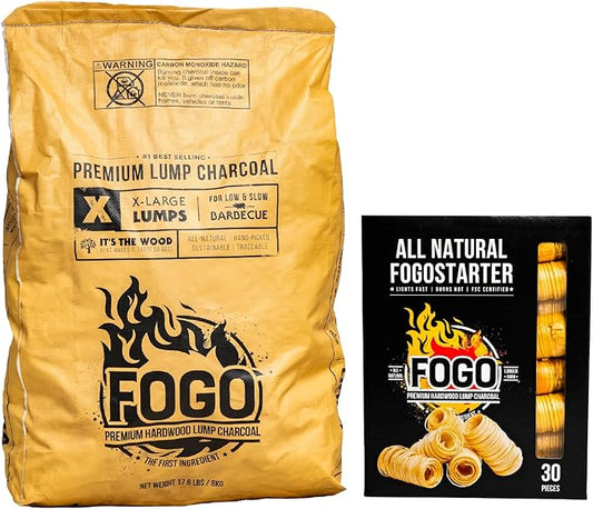 FOGO Super Premium Hardwood Lump Charcoal, Natural Large Sized Lump Charcoal, 17.6 Pound Bag and FOGO Fogostarters Natural Fire Starters, 30 Count Box, Bundle