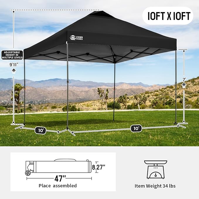CROWN SHADES Adjustable Height on The Fly, 10x10 Pop Up Canopy - Beach Tent with One Push Setup - Easy Outdoor Sun Shade for Events, Parties, Camping - Outside Shade with STO-N-Go Bag, Black