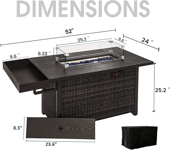 Sundale Outdoor 52 Inch Outdoor Fire Pit Table, 50,000 BTU Propane Fire Pits with Storage Shelf, Glass Wind Guard and Lid, Wicker Patio Gas Fire Pit for Outside Patio and Garden, CSA-Listed(Brown)