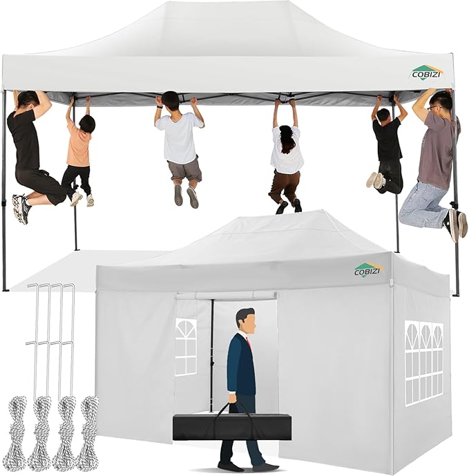 COBIZI 10x15 Pop up Canopy Tent 10x15 Canopy with 4 Sidewalls Waterproof Heavy Duty Commercial Canopy for Parties Outdoor Garden Gazebo Tent, Carry Bag(10x15ft, White)