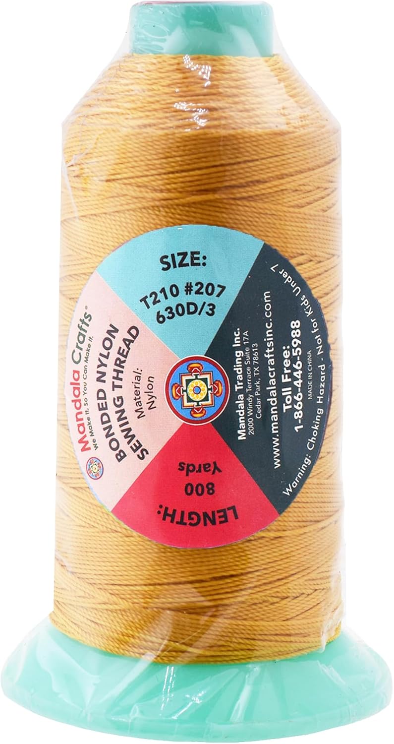 Mandala Crafts Bonded Nylon Thread Gold Heavy Duty Sewing Threads - 800 YDs Size 207 630D T210 Tex 210 Thread for Leather Jeans Weaving Outdoor Marine Upholstery Threads
