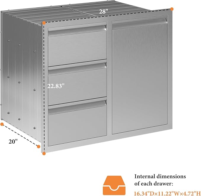 Jocisland Outdoor Kitchen Drawers 28" W×23" D×23" H Stainless Steel Drawers for Outdoor Kitchens, Single Door Trash Drawer & 3-Drawer Cabinet, Built-in BBQ Island Storage