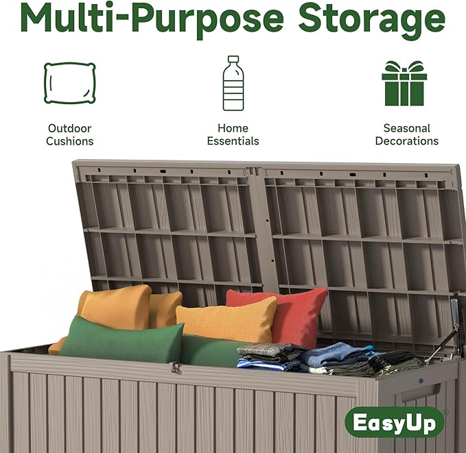 EasyUp 200 Gallon Outdoor Storage Box Waterproof, Lockable Resin Deck Box UV Resistant with Hydraulic Rod, Reinforced Stability for Patio, Garden, and Pool, Striped Gray
