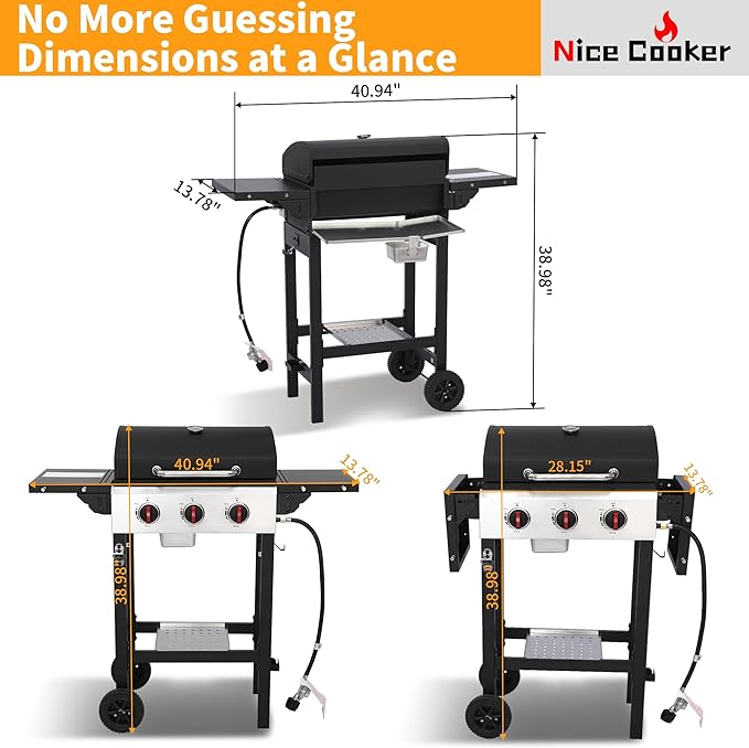 3-Burner 28650 BTU Propane Gas Grill, 252 Sq. In. Cast Iron Grates, Portable Outdoor BBQ with Foldable Side Shelves for Camping Patio, Black