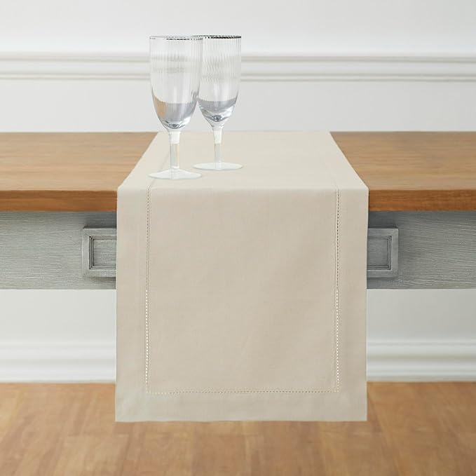 Solino Home Linen Hemstitch Table Runner 36 Inches - Cotton Linen Small Table Runner 14 x 36 Inch Ideal for Dresser and Coffee Tables - Spring, Easter