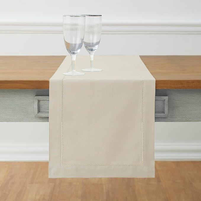 Solino Home Linen Hemstitch Table Runner 60 Inches - Cotton Linen Small Table Runner 14 x 60 Inch Ideal for Dresser and Coffee Tables - Spring, Easter