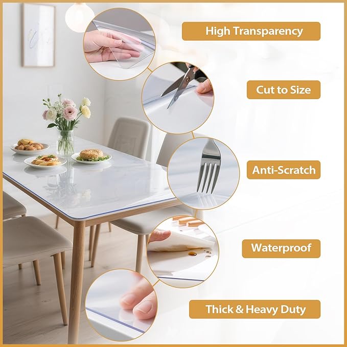Clear Table Protector 42 x 42 Inch, 1.4mm Thick Waterproof PVC Plastic Table Cover, Durable Table Pad for Dining Room, Kitchen, Writing Desk, and Coffee Tables