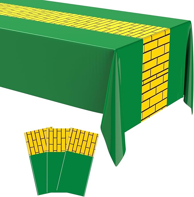 3 Pcs Yellow Brick Runner Tablecloth 54 x 108 Inch Brick Wall Backdrop Green Waterproof Rectangle Disposable Cover, Princess Decorations Party Supplies for Christmas Cosplay Party